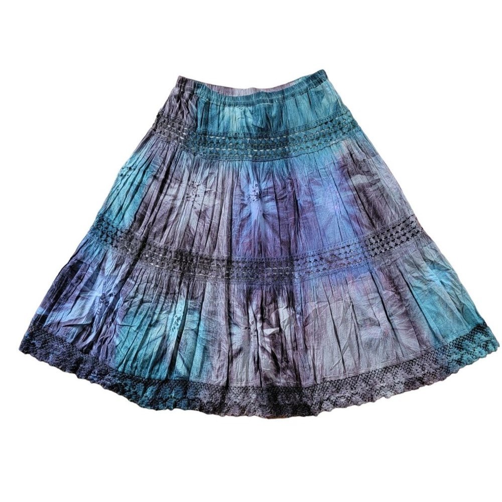 METROWEAR Women's Multicolored Tie Dyed Broomstick Maxi Skirt Lace Accents Large - Picture 1 of 7